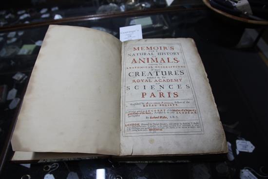 Perrault, Claude - The Natural History of Animals ... folio, rebound quarter calf with marbled boards, lacking